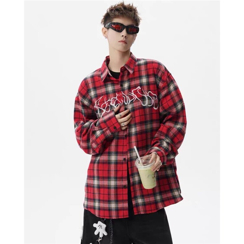 【006】刺绣红色格子长袖衬衫男衬衣情侣外套A079-CS307-P30,男装衬衫,电商A079