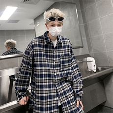 格子长袖衬衫男2024春季新款日系复古高级感潮牌宽松休闲衬衣外套，男装衬衫，星座410-7