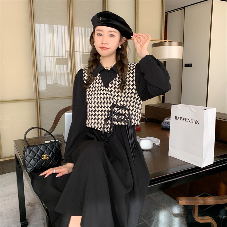 新中式国风千鸟格马甲套装女2025春秋新款收腰显瘦衬衫长裙两件套，女装连衣裙，菡迪欧娜