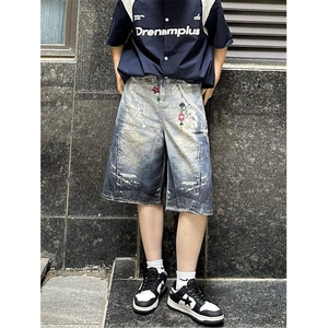 DKN412LL-特P61  美式复古贴画牛仔短裤男高街过膝七分裤图片