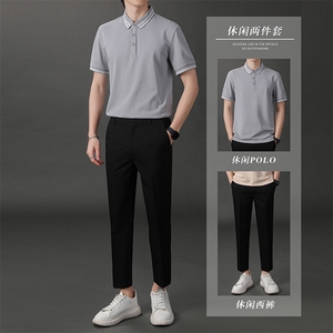 夏季九分西裤男修身韩版港风休闲长裤短袖POLO衫套装两件套潮图片