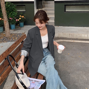高级感双排扣西装外套女2025春季新款韩版气质通勤灰色休闲小西服图片