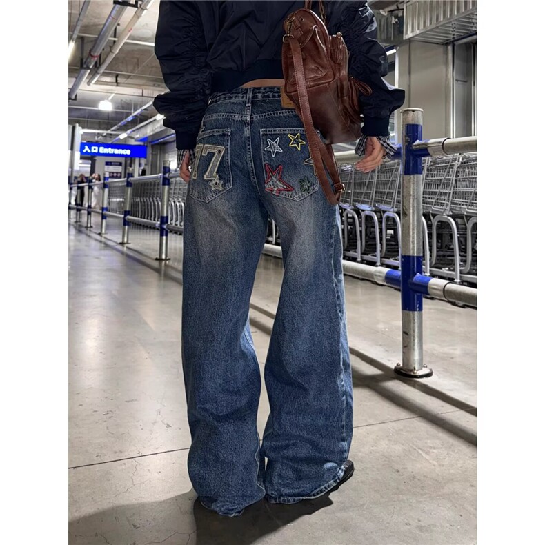 美式高街做旧牛仔裤男直筒微喇显瘦cleanfit长裤刺绣LB31366-P52,男装牛仔裤,星座1008