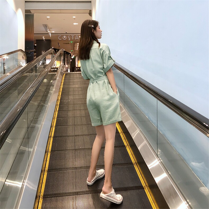 现货款夏装时尚短袖连身裤纯色工装连体衣裤16088822,女装连体裤,艾青服饰