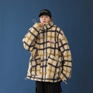 黄色格子羊羔毛大口袋外套男女冬季宽松短款加厚棉服mj400-p138图片