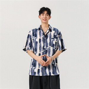 1冰丝扎染面料 聚酯纤维M-5XL大码短袖衬衫男DCS78033P35控58，男装T恤，星座226-2