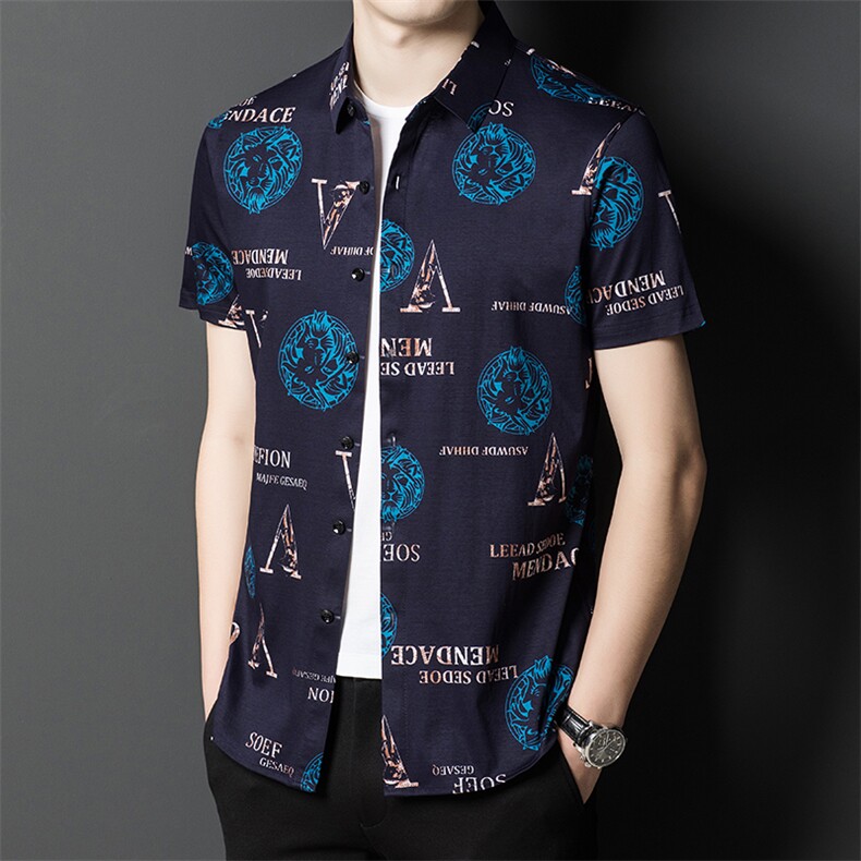 时尚字母印花丝光棉短袖衬衫男薄款2023夏季新款青年男士时尚衬衣图片