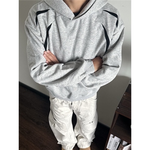 TK61-P50 美式复古灰黑拼接字母款连帽卫衣男女420G宽松套头上衣图片