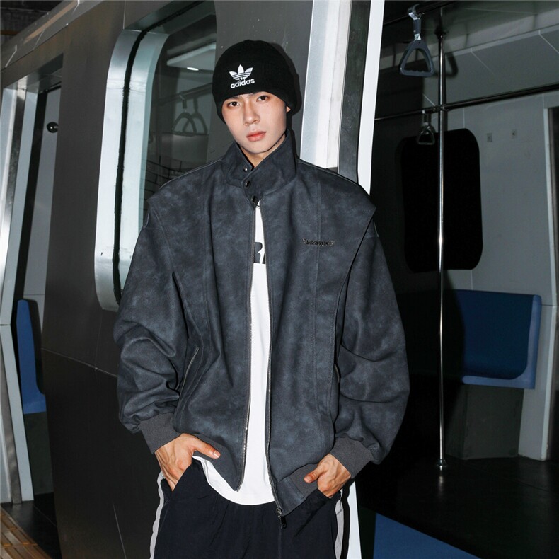 2025港风扎染面料字母刺绣皮衣男金属装饰夹克外套男JK77861P95控，男装夹克，星座227-7