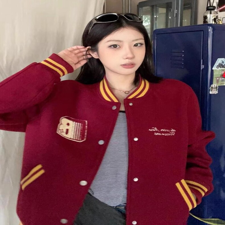 美式复古红色棒球服女春秋加厚字母刺绣新年战袍夹克外套宽松上衣,女装卫衣/绒衫,星座218-8