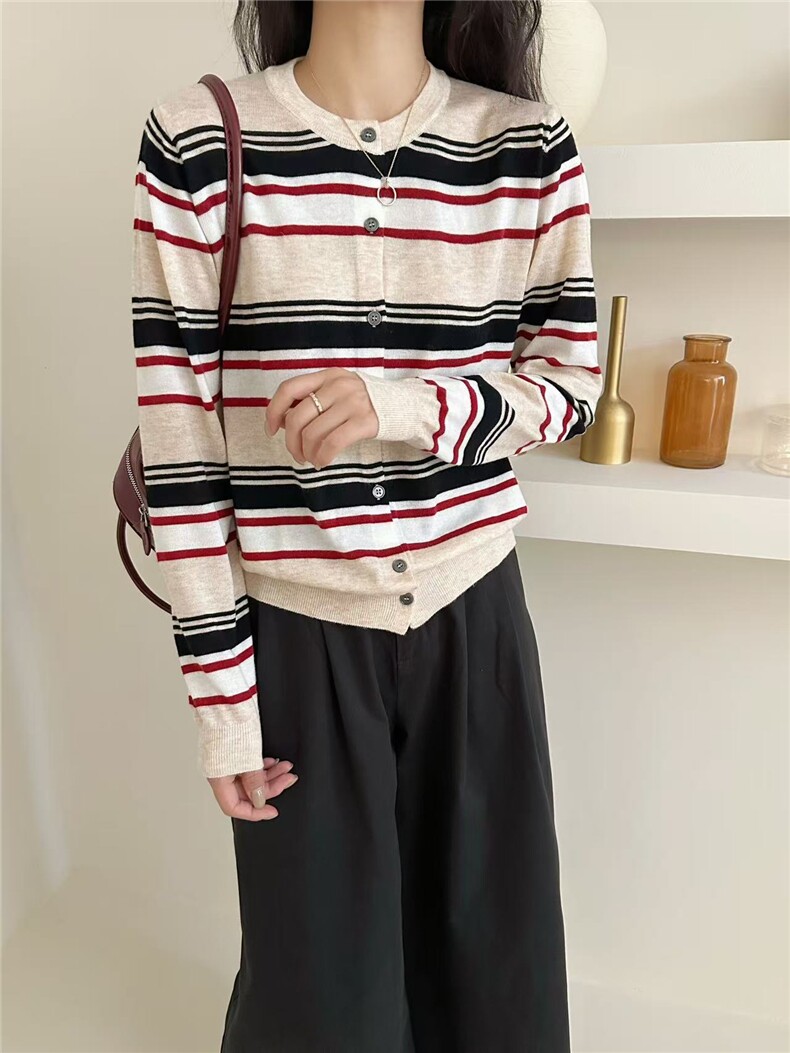 新款条纹针织套头上衣时尚百搭，女装针织衫/毛衣，臻纶羊绒