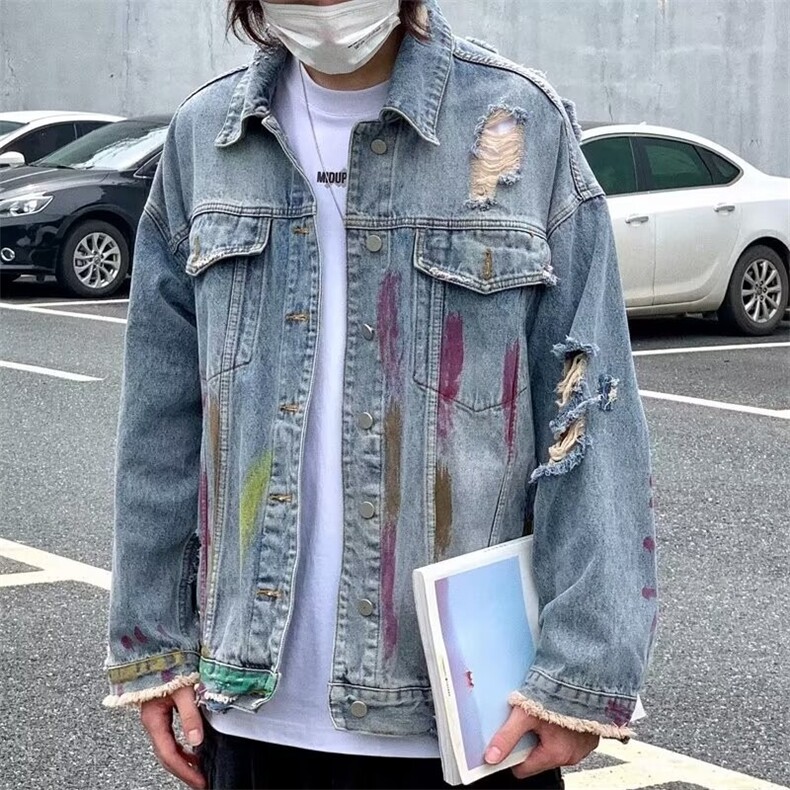 JK8864-P59美式复古水洗小众扎染破洞牛仔外套,男装工装外套,电商B323A