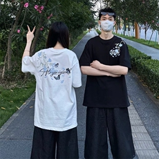 万针全刺绣解构设计260克重磅双纱纯棉高品质美式高街短袖T恤特35，男装T恤，电商A486