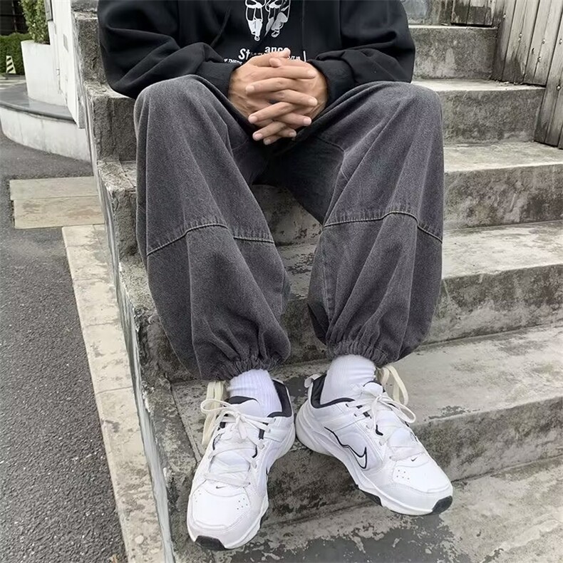 ins港风牛仔裤男阔腿抽绳束脚潮流宽松直筒休闲长裤子N06061-P45,男装牛仔裤,星座308B-1