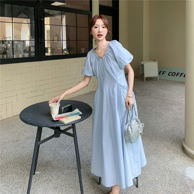浅蓝色V领泡泡袖设计长裙女2025新款夏季文艺淡人超好看连衣裙潮,女装连衣裙,2C129