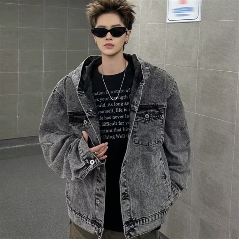 水洗做旧解析拉链连帽牛仔外套男女高街痞帅夹克外套GA8869P92,男装工装外套,星座1013-5
