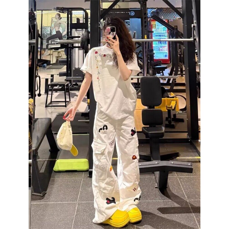 美式毛巾绣小狗工装牛仔裤女高街设计感直筒宽松阔腿裤L30200-P58,男装牛仔裤,星座1008