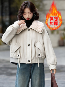 （现货）冬季新款时尚保暖棉服加绒加厚外套娃娃领棉衣女短款图片