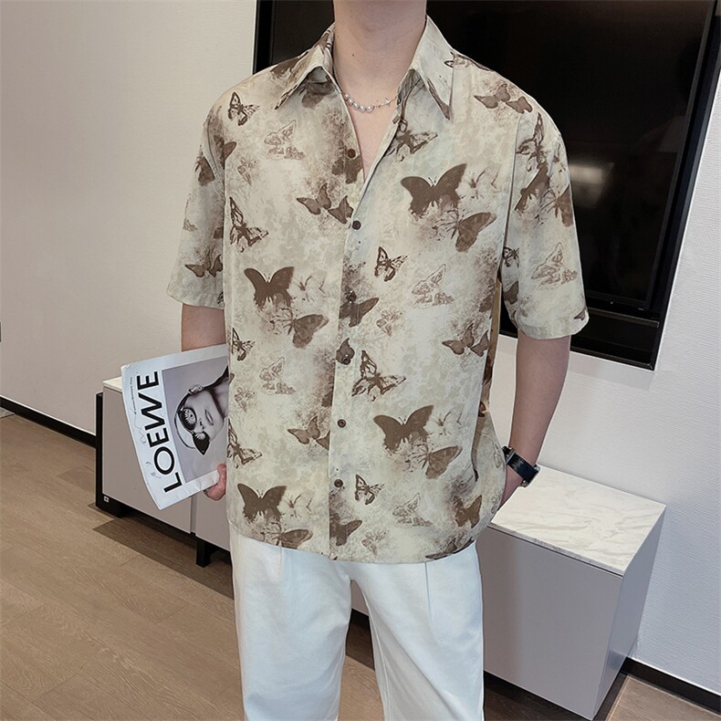 春夏时尚古风蝴蝶满印复古短袖衬衫男宽松网红半袖衬衣潮0256-P53,男装T恤,电商B267