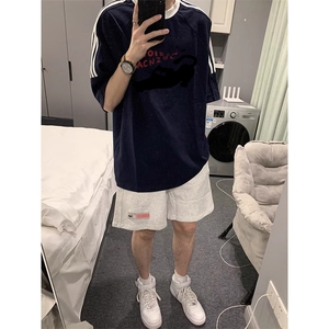 夏季美式高街重磅纯棉三条杠织带撞色男女短袖T恤ZD568-特P30图片