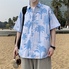 沙滩景宽松港风休闲潮短袖衬衫男装清凉花衬衣7238P35，男装衬衫，电商A056