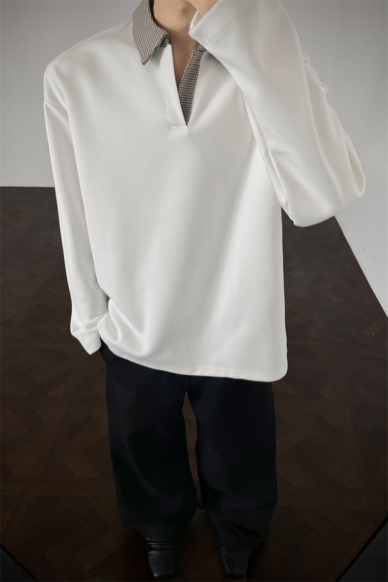 千鸟格拼接长袖T恤男女秋冬季情侣宽松加厚卫衣TX220-P28加绒-P38,男装T恤,电商C213(原B265)