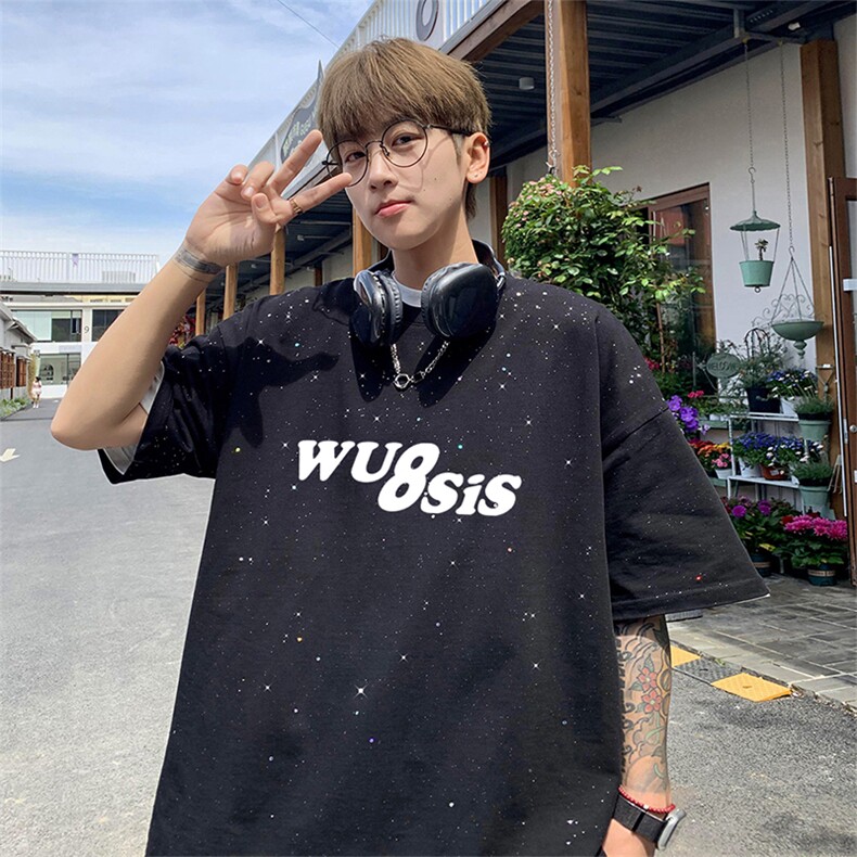 可48小时发货支持抖音得物来样二开美式满天星亮片短袖T恤MTX719,男装T恤,电商A486-1
