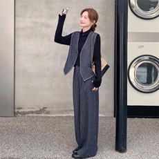 轻熟风韩系马甲阔腿裤套装女春秋2025新款ootd穿搭打底衫三件套，女装套装/套裙，2C056