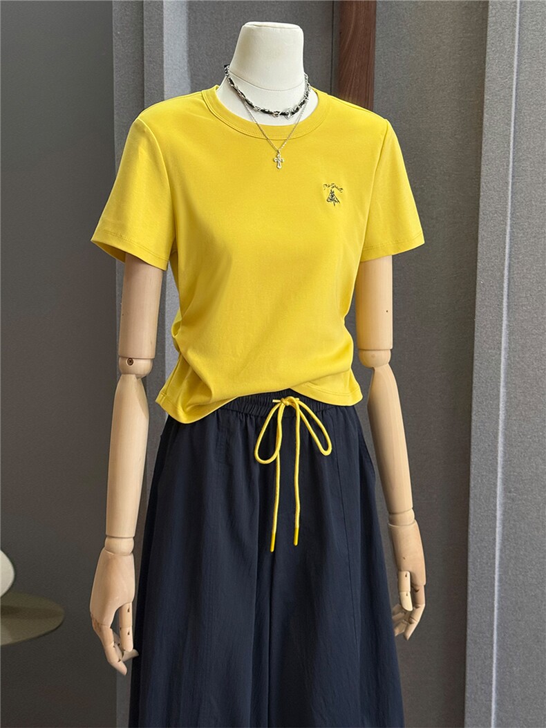 慵懒风休闲时尚套装女夏新款百搭圆领黄色短袖上衣阔腿长裤两件套,女装套装/套裙,江南