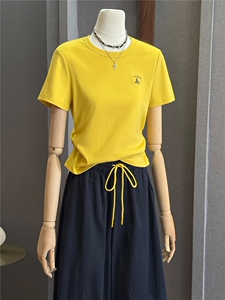 慵懒风休闲时尚套装女夏新款百搭圆领黄色短袖上衣阔腿长裤两件套图片