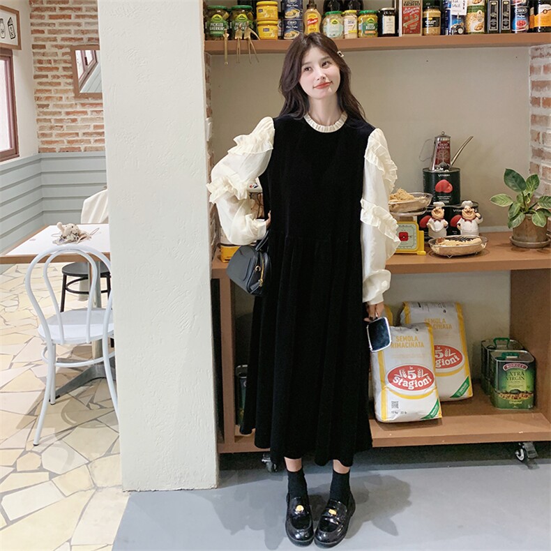 法式木耳边撞色丝绒连衣裙女2024早秋新款千金设计感长袖小黑裙子,女装连衣裙,2C108