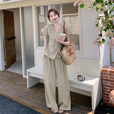 韩版气质时尚减龄V领套装女2025夏季新款高级感洋气阔腿裤两件套，女装套装/套裙，2C159