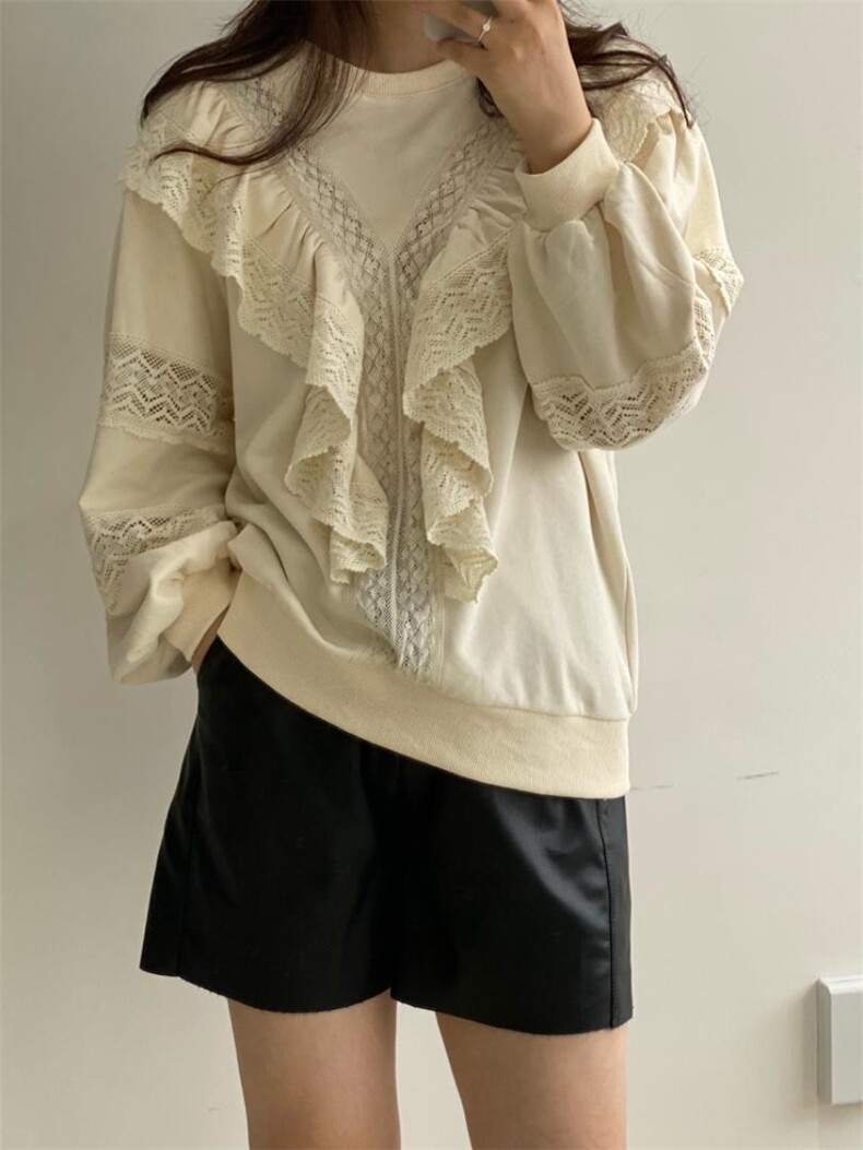 秋季拼接蕾丝边卫衣，女装卫衣/绒衫，土布鱼