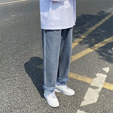 潮流百搭坠感阔腿牛仔裤男直筒宽松九分裤浅色男女老爹裤F102，男装牛仔裤，星座1008