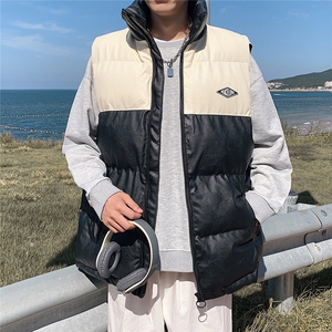 2026秋冬装羽绒棉马甲男加厚拼色立领PU皮坎肩 MJ17588/P85 杏色2图片