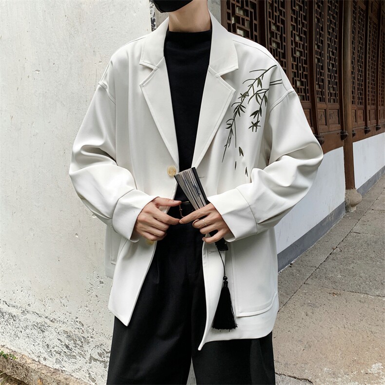 风竹叶刺绣休闲西装男新中式韩版西服外套504-W621-P80控108图片