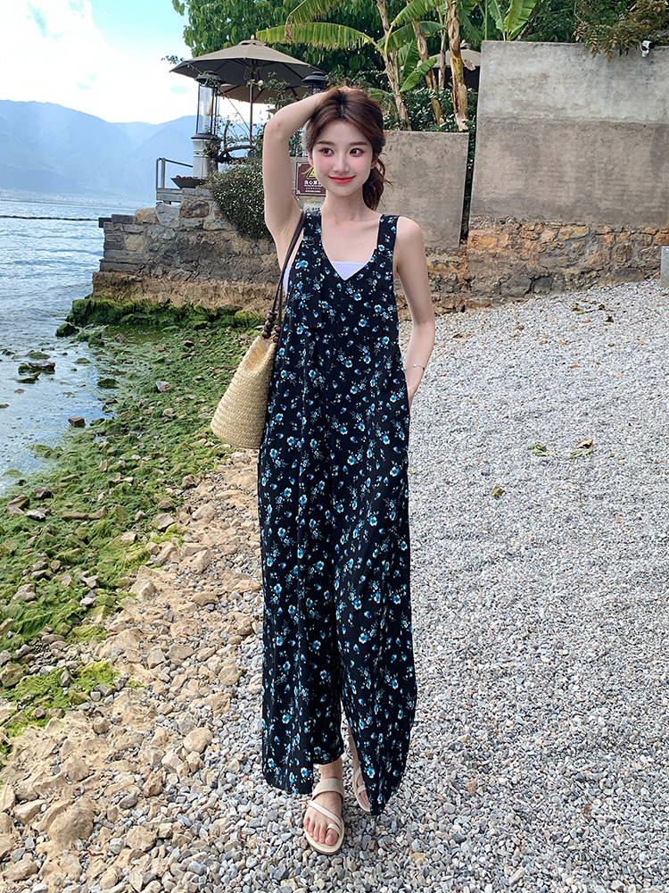 海边度假碎花背带裤女2025夏季新款韩系慵懒风宽松显瘦阔腿连体裤,女装连体裤,浙宝276（原081）