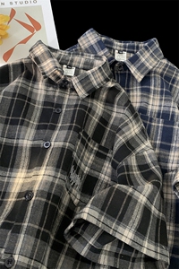 现货主推短袖格子衬衫男夏季港风五分半袖男416B-1-DS877-P45限68图片