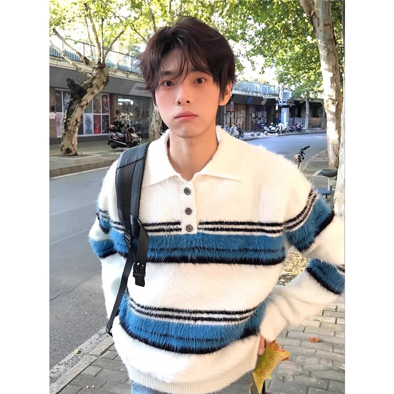 美式马海毛撞色条纹毛衣男冬季内搭毛线衣青少年高级感外套MZ21,男装针织衫/毛衣,星座516A
