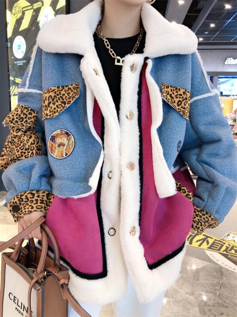 拼色贴标款皮毛一体外套，女装，一杭