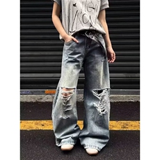 2025夏季新款小众长裤美式复古破洞设计感牛仔裤男女款A1160-P50，男装牛仔裤，星座208-5
