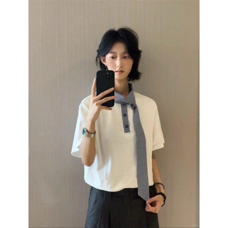 DXY247LL-P44美式领口拼接格子领带短袖t恤高级感痞帅半袖,男装T恤,星座1007（原301D）