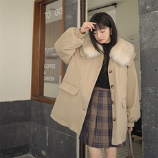 卡其色海军领短款派克棉服女冬超火好看加厚工装羽绒棉衣棉袄外套，女装派克服，2C016