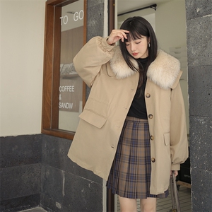 卡其色海军领短款派克棉服女冬超火好看加厚工装羽绒棉衣棉袄外套图片