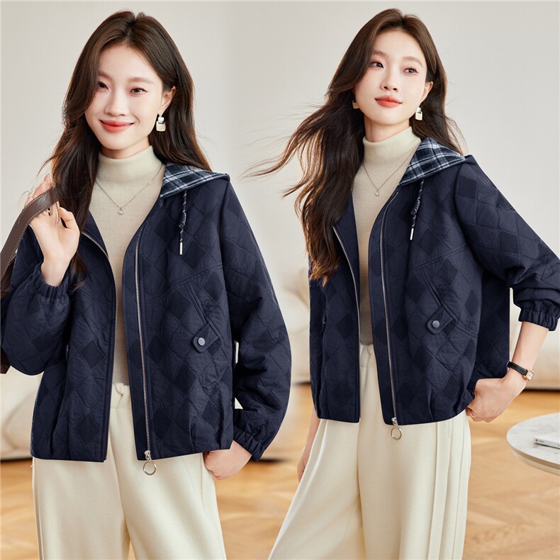 时尚菱格纹连帽夹棉外套女2026春新款宽松休闲短款,女装短外套,简韵佳