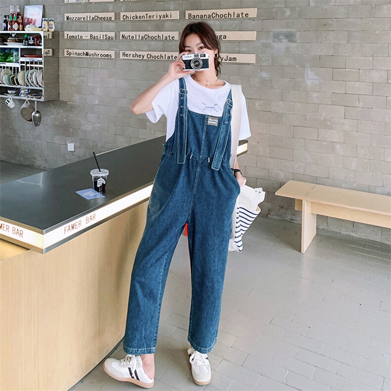 2023夏季新款休闲宽松显瘦牛仔松紧背带裤配纯色短袖T恤两件套女，女装连体裤，一九零