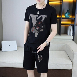 25325-P75冰丝套装男欧货时尚数码印花休闲短袖t恤两件套短裤一套图片