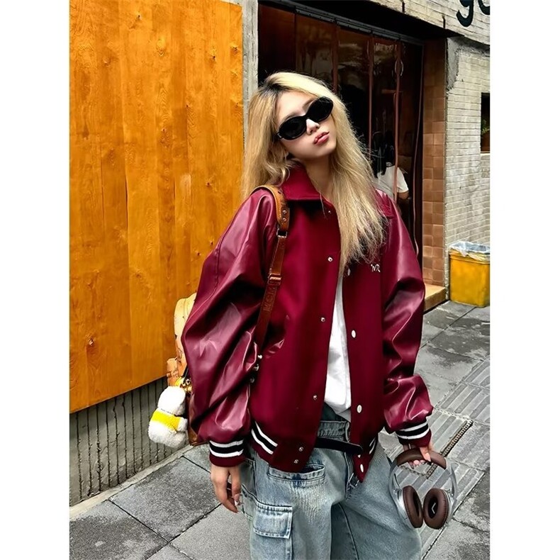 美式复古红色拼接皮衣夹克男女翻领机车棒球服外套秋季LB9344-P69，男装皮衣，星座1008