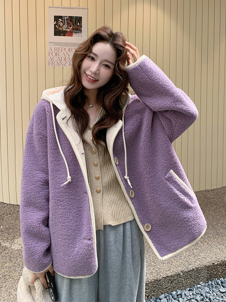 减龄紫色连帽皮毛一体羊羔毛外套女秋冬2025新款多巴胺巨好看超火，女装皮草，浙宝192（原082）