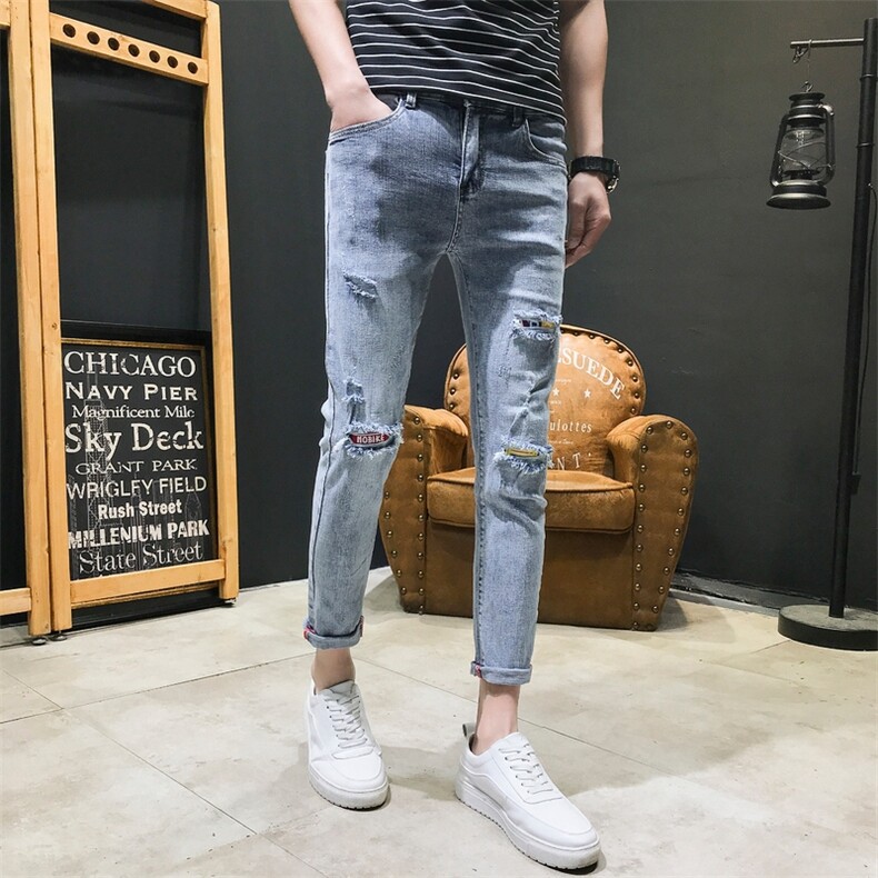 2021春夏新款弹力牛仔裤男破洞潮流修身小脚裤QT6027-M369,男装牛仔裤,电商D218